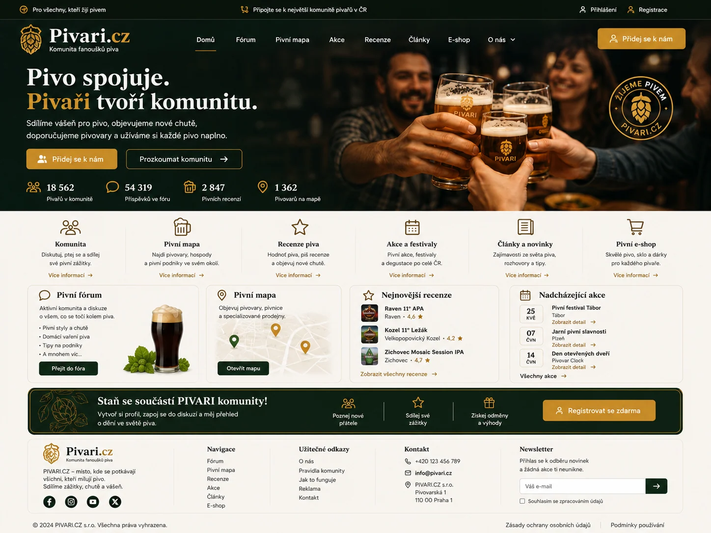 Vizuální návrh možného projektu Pivari.cz zaměřeného na pivní kulturu, komunitu a objevování pivovarů